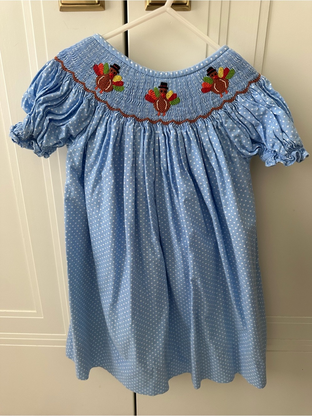 Light Blue Polka Dot Smocked Kids Dress with Thanksgiving Motif 🦃